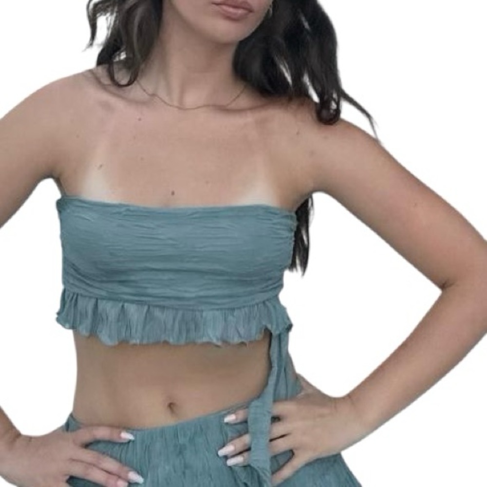 Zara Teal Ruffled Cropped Tube Top